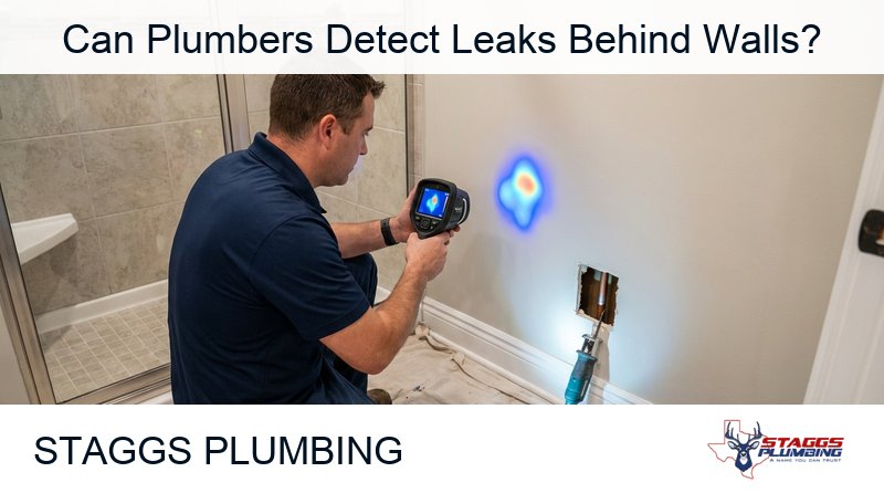 Complete guide to professional leak detection behind walls covering acoustic listening devices, thermal imaging cameras, electronic moisture meters, video pipe inspection, signs of hidden leaks including water stains mold musty odors peeling paint increased water bills, what happens during a leak detection service call, DIY leak detection checks versus professional detection, cost of leak detection services in Plano Texas, and when to call a licensed plumber for hidden water leak repair.