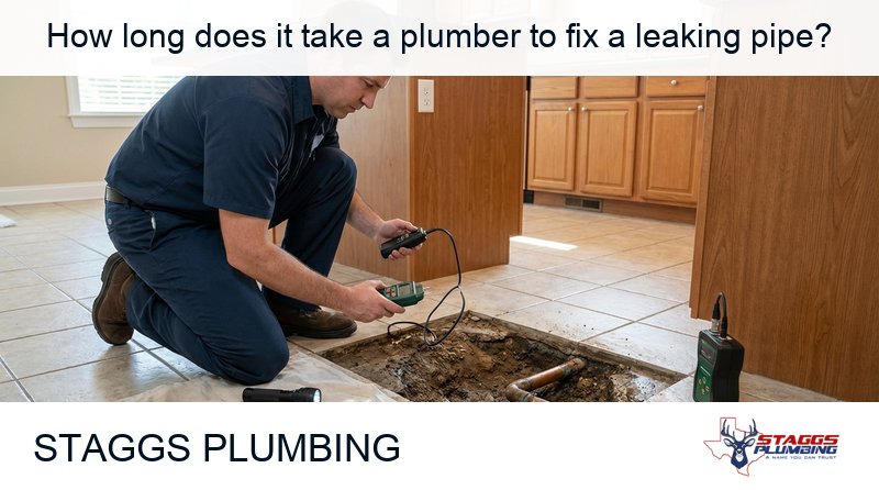 Comprehensive guide to leaking pipe repairs covering typical repair times ranging from 30 minutes to 8+ hours depending on leak type and location. Includes information on fixture connection leaks, pipe joint failures, hidden wall leaks, slab leaks, burst pipes, leak detection methods, drywall removal and access complications, repair cost factors, and emergency vs routine plumbing service urgency assessment. Features expert guidance from Staggs Plumbing for homeowners in Plano Texas.
