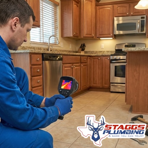 Slab leak detection showing water damage under flooring in Plano TX home