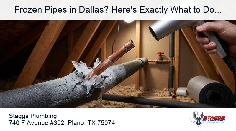 Comprehensive guide to frozen pipes in Dallas-Fort Worth Texas covering why DFW homes are vulnerable to pipe freezing due to attic-routed supply lines, slab foundations, minimal insulation, expansive clay soil, and exterior wall routing, step-by-step prevention measures including dripping faucets, opening cabinet doors, disconnecting garden hoses, thermostat settings, and locating main water shutoff valve, safe thawing techniques using hair dryers warm towels and space heaters, emergency burst pipe response including shutting off main water valve and water heater, which pipes freeze first in North Texas homes including attic supply lines exterior hose bibs garage pipes and under-slab lines, DIY versus professional plumber decision criteria, long-term freeze protection upgrades including pipe insulation PEX repiping whole-house shutoff upgrades and recirculation systems, burst pipe repair costs in Dallas area, homeowners insurance coverage for frozen pipe damage, and 24/7 emergency plumbing service for Plano Dallas and surrounding DFW communities