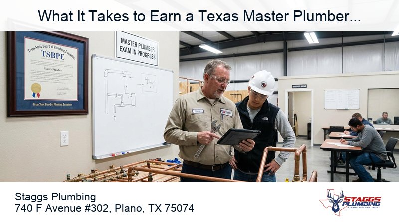Comprehensive guide to Texas master plumber license requirements in 2026 covering the complete licensing hierarchy from apprentice to responsible master plumber, updated experience pathways after HB 3214 reduced journeyman time from 4 years to 2 years, three-part TSBPE exam format including written code knowledge sanitary waste vent systems and hands-on mechanical skills testing, application and licensure fees totaling 228 dollars, Responsible Master Plumber business license requirements with 300000 dollar minimum insurance coverage, annual renewal procedures and 6 hour continuing education mandates, step-by-step instructions for homeowners to verify plumber credentials through TSBPE public database, distinctions between master plumber journeyman tradesman and apprentice supervision levels, permit authority code compliance insurance backing and regulatory accountability benefits of hiring licensed plumbers in Plano Texas