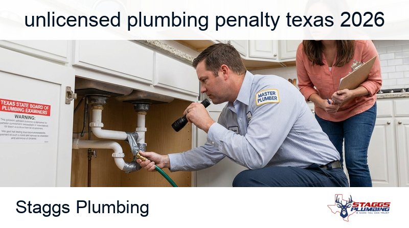Comprehensive guide to unlicensed plumbing penalties in Texas covering 2026 enforcement policy changes, criminal Class C misdemeanor charges, TSBPE administrative fines up to 5000 dollars per violation, homeowner insurance denial risks, permit requirements, license verification procedures, homeowner exception limitations, Master Plumber and Journeyman licensing requirements, contractor liability for employing unlicensed workers, and legal protections when hiring licensed plumbers in Plano Texas
