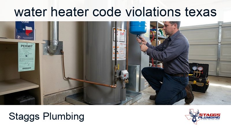 Comprehensive guide to water heater code violations in Texas covering T&P relief valve discharge piping requirements, venting and combustion air violations, expansion tank requirements for closed-loop systems, drain pan installation for indoor water heaters, permit and inspection requirements, gas connection violations, garage elevation standards, carbon monoxide safety, pressure damage prevention, and licensed plumber code compliance in Plano Frisco McKinney Allen DFW Texas