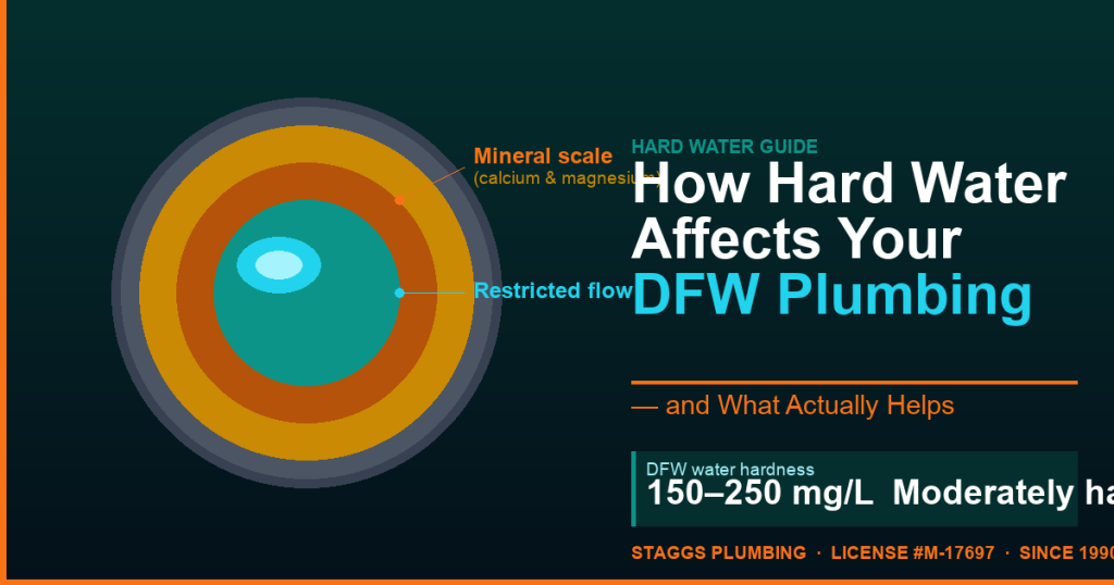 Cross-section of a DFW home water pipe showing calcium and magnesium scale buildup from moderately hard water reducing flow capacity by nearly 50%
