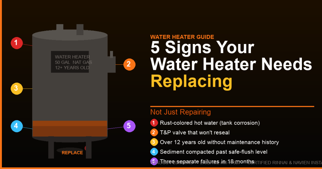 Water heater diagram with five color-coded warning signs for replacement: rust water, failed T&P valve, age over 12 years, compacted sediment, and three failures in 18 months in DFW hard water
